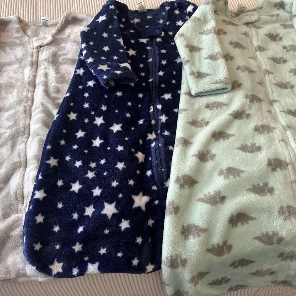 3 Hudson Baby Plush Fleece Sleep Sacks - Navy Stars, Mint Dinos, Gray Elephants